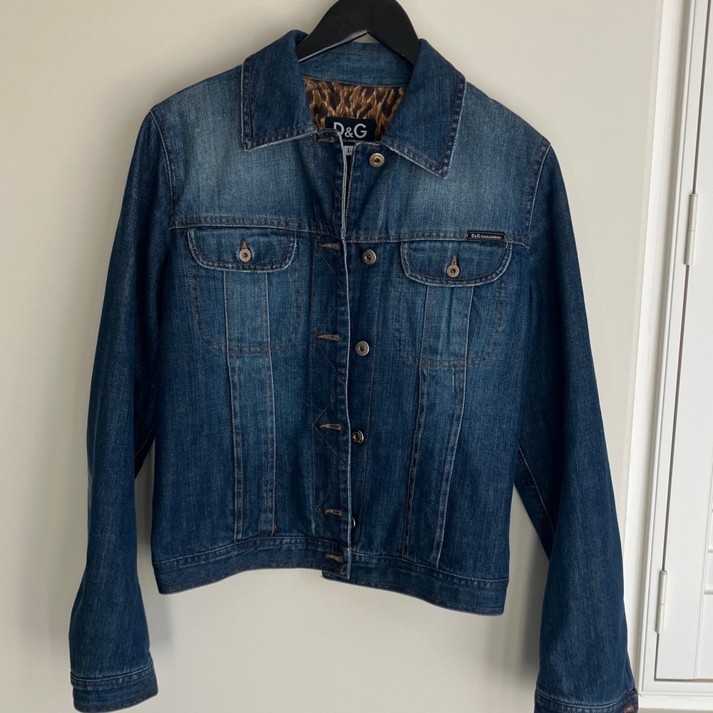 D&G Women's Classic Indigo Jean Jacket with Leopard Print Quilted Lining Size L